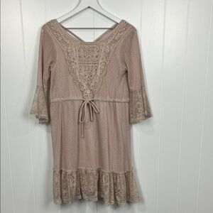 Altar’d State Women’s Mini Dress S Blush Pink Crochet Lace Pattern Bell Sleeves